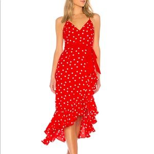 Red with white polka dot midi dress